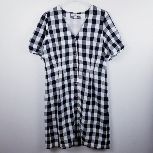 Loft Gingham Linen Blend Button Front V-Neck Dress, size 12 - Picture 3 of 13